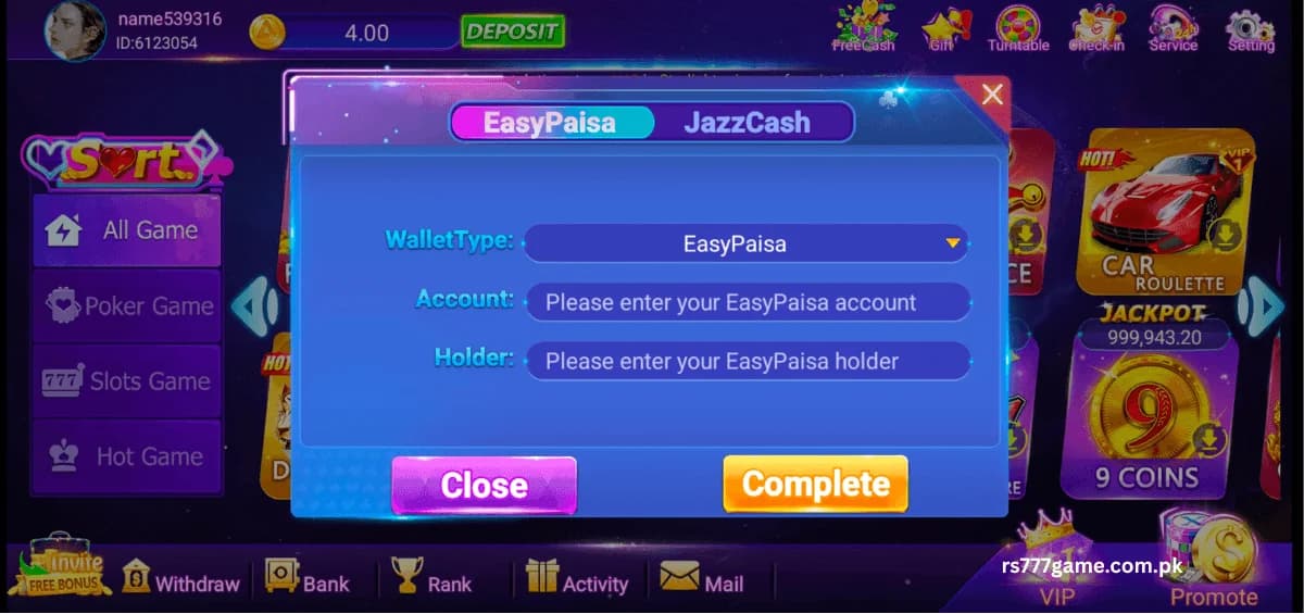 Rs777 Game withdraw earnings Rs777 withdrawal screen