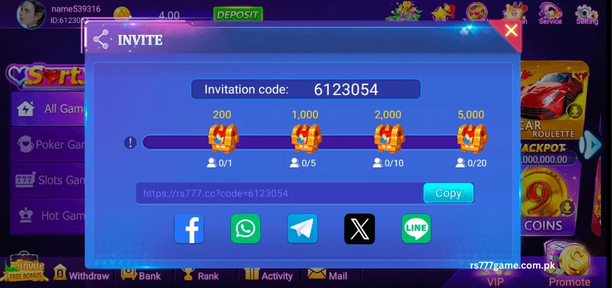 Rs777 Game app interface Rs777 app overview